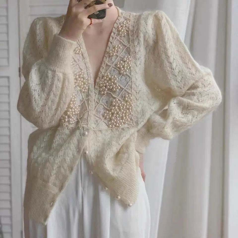 

Korobov New Autumn Pearls Embroidery Cardigans Vintage V Neck Long Sleeve Oversize Gentle Cardigan Sweet Hollow Out Sweater