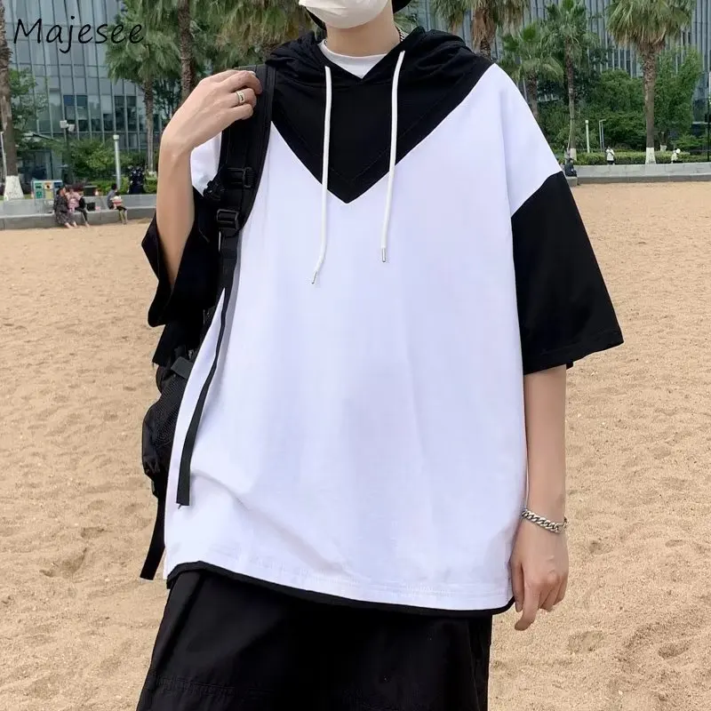 

T-shirts Men Patchwork Hooded Ins Students Teens Fashion Popular Streetwear Couple Clothes Harajuku All-match Male Tops Leisure