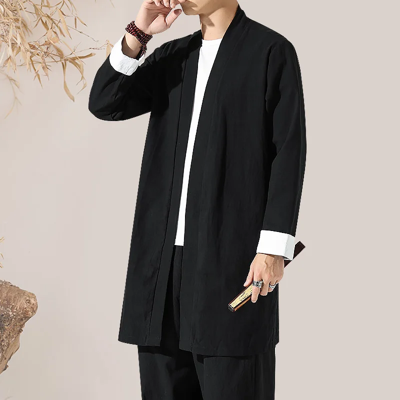 Male Long Chinese Style Black Windbreaker Men Loose Vintage Cotton Linen Trench Coat M-5XL Plus size Cardigan Kimono Coat jacket