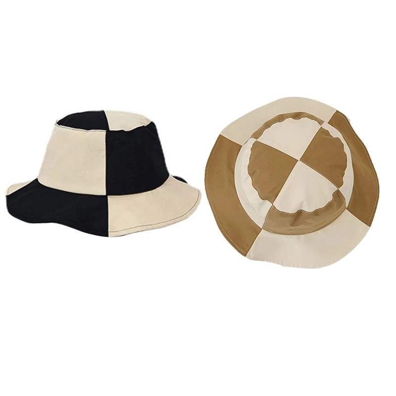 

Unisex Lattice Pattern Wide Brim Cotton Bucket Hat Summer Spring Foldable Fisherman Summer Gifts for Girlfriend
