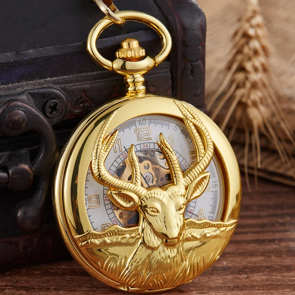 Golden Silver Mechanical Pocket Watch Male Animal Goat Clock Steampunk Hollow Luxury Pendant Necklace Fob Chain Men reloj hombre