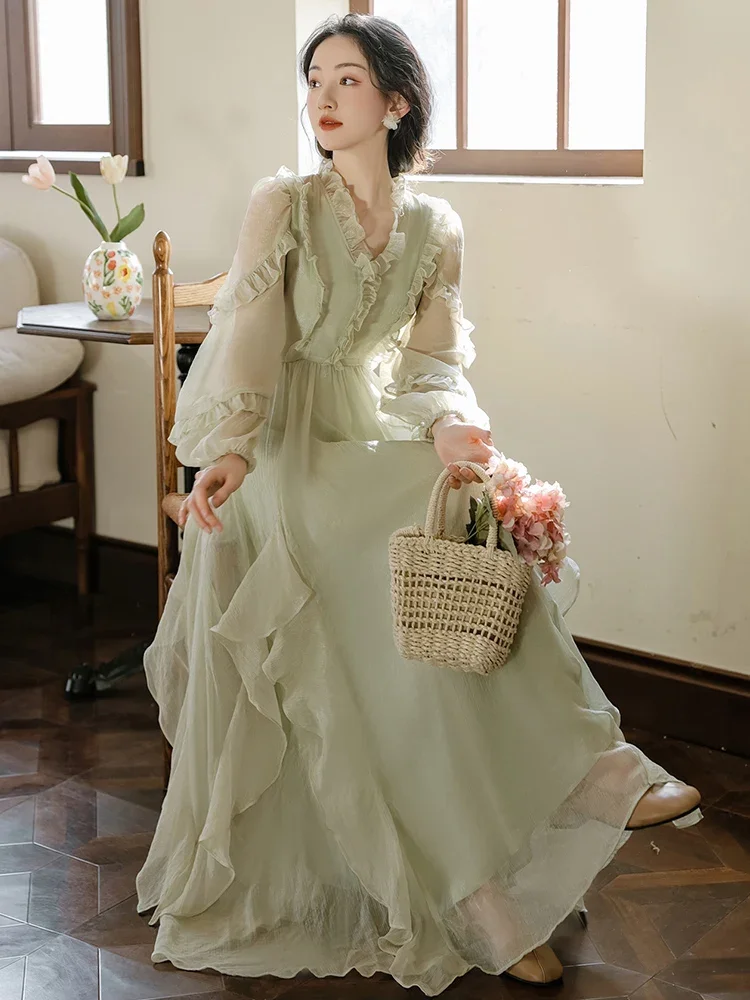 Женское шифоновое платье с V-образным вырезом и рукавами-фонариками