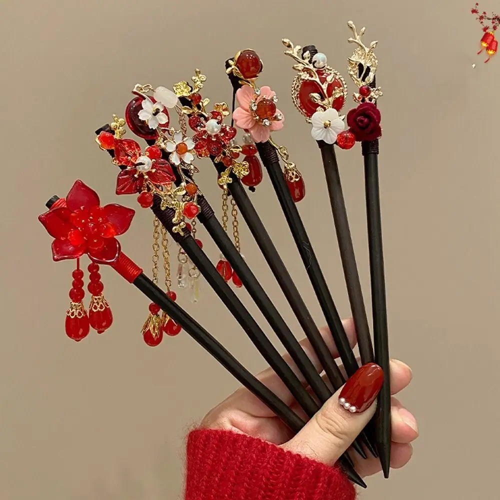 Ретро Цветочная деревянная шпилька для волос красная Новогодняя Hanfu шпильки