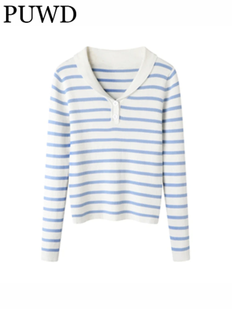 

PUWD Women Blue Striped Knit Sweaters 2023 Spring Fashion Ladies Vintage Long Sleeves Female Pullovers Chic