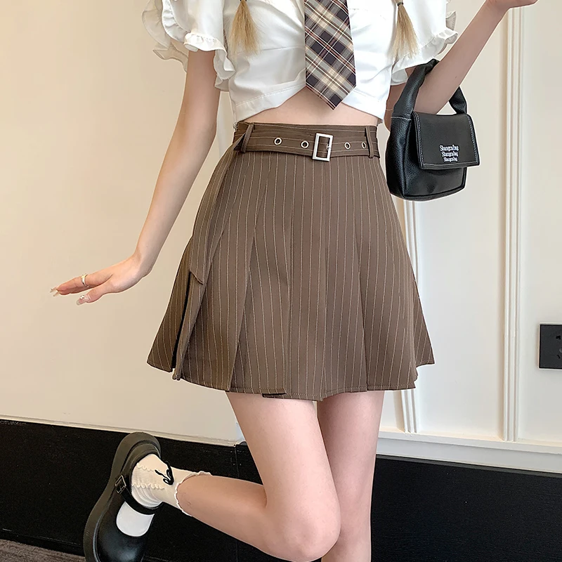 

2022 Spring New Casual Women Skirts Fashion Street High Waist Suits Pleated Faldas Femme Vintage Striped Tennis Skorts Mujer