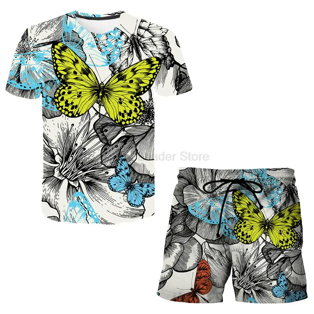 

Костюм спортивный мужской с цветочным принтом, футболка и шорты с 3D-принтом бабочки, круглый вырез, короткий рукав, летняя одежда