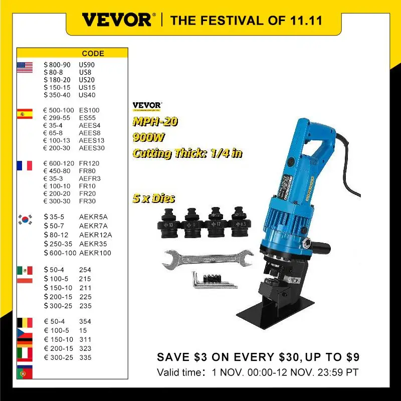 

VEVOR MHP-20 900W Electric Handy Hydraulic Hole Puncher 6mm Knockout Punch Tools 5 Dies Set on Steel Plate Aluminum Iron Plate