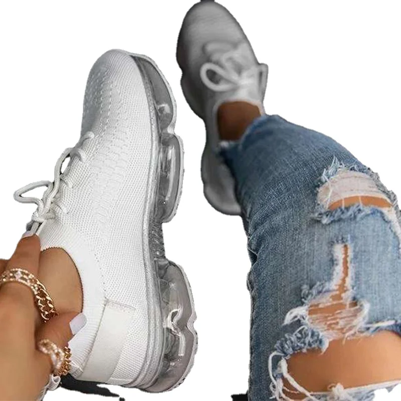 Women Mesh Air-Cushion Sneakers White Platform Knitted Vulcanized Running Sports Shoes Lightweight Breathable 2021 Summer Autumn