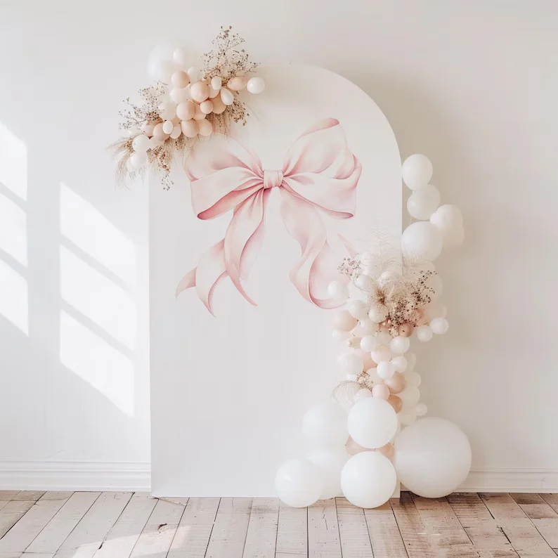 Mehofond Pink Bow Balloon Arch Backdrop Wall Girl First Birthday Party Baby Shower Decor Photo Background White Chiara Prop