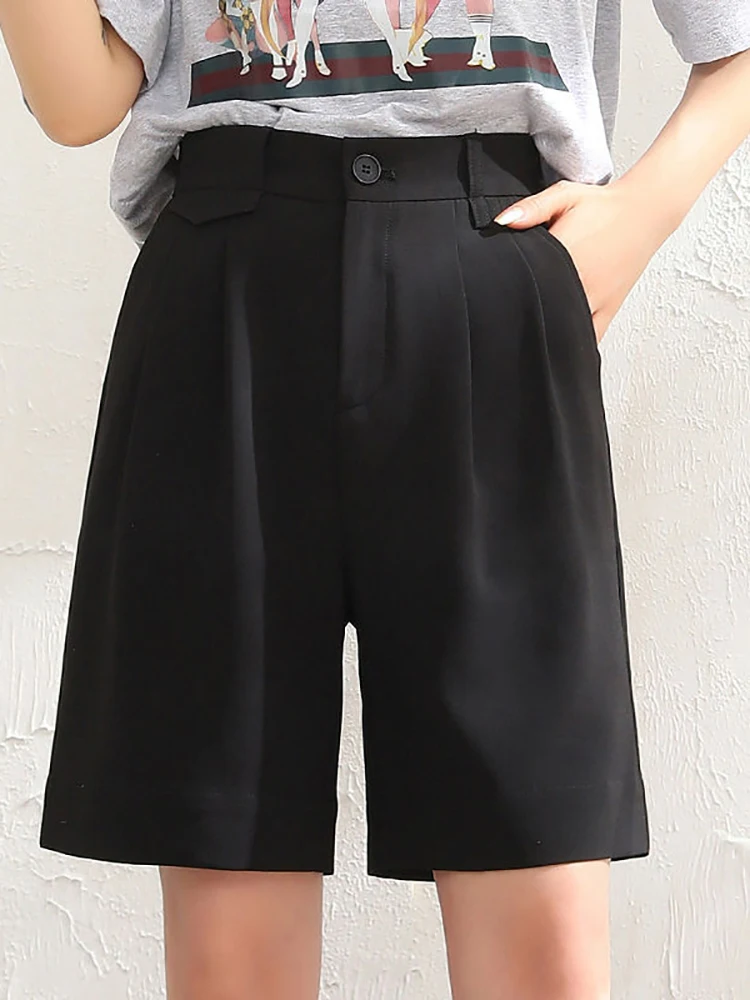 Summer Green Shorts Women High Waist Straight Knee-length Shorts for Women with Pocket Wide Leg Casual Short Pants Ladies Office