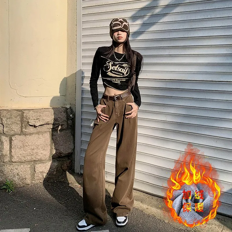 

Винтажные потертые джинсовые брюки с широкими штанинами для женщин, Свободные повседневные осенне-зимние джинсы