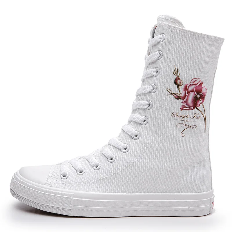 

Women Fashion Sports Mid Boots Canvas Lace Up Side Zipper Hand Painted Rose Pattern Classic Casual Everyday Women Shoes KC254