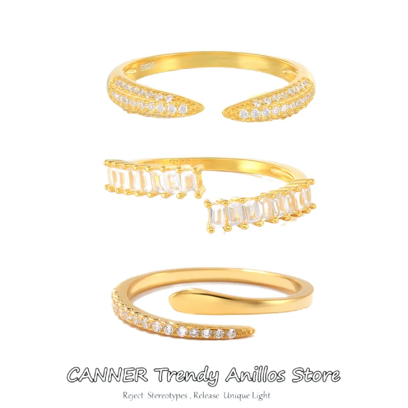 

CANNER 925 Sterling Silver 1PC Heart Rhinestone Mosaic Opening Ring Simple Round Single Row Zircon Rings Fashion Party Jewelry