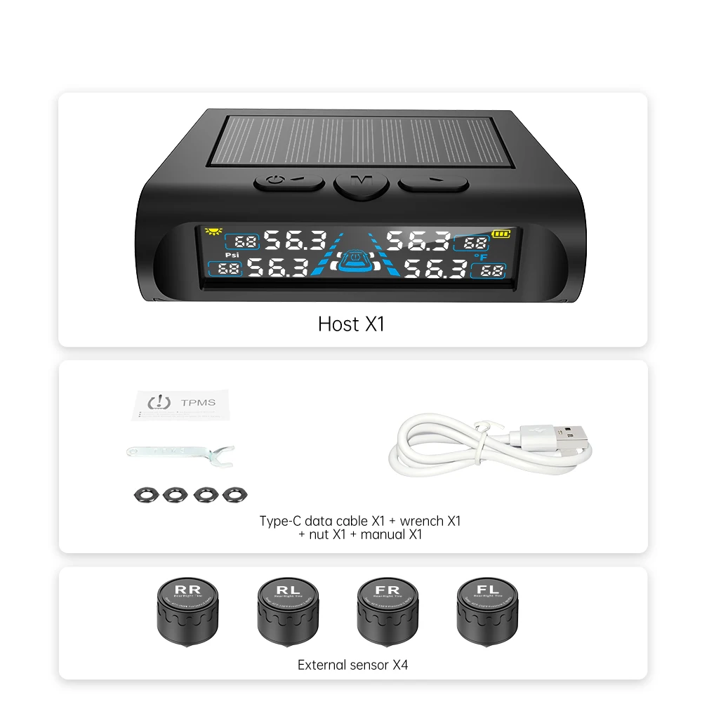 

Система Контроля Давления В Шинах TPMS С USB/солнечным Питанием, 4 Внешними Датчиками, Цифровым ЖК-дисплеем, 0-6.8 Бар