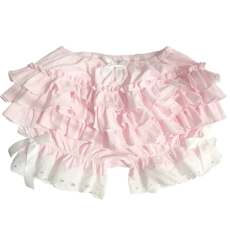 

L93F Women Girls Cute Bowknot Layered Ruffled Lace Pink Pumpkin Shorts Japanese Bloomers Underpants Vintage Maid Safety Pant
