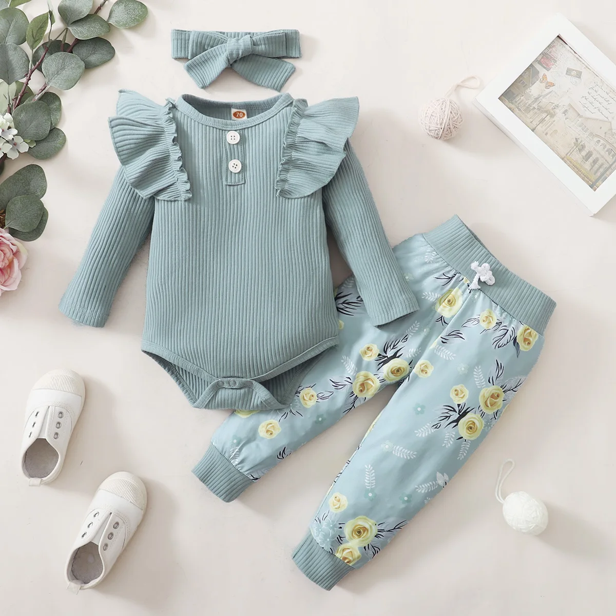 3Pcs Newborn Girl Clothes Set 3 Months Baby Girl Clothes Toddler Girl Outfits Baby Bodysuit + Bow Pants Infant Kids Clothing 6M