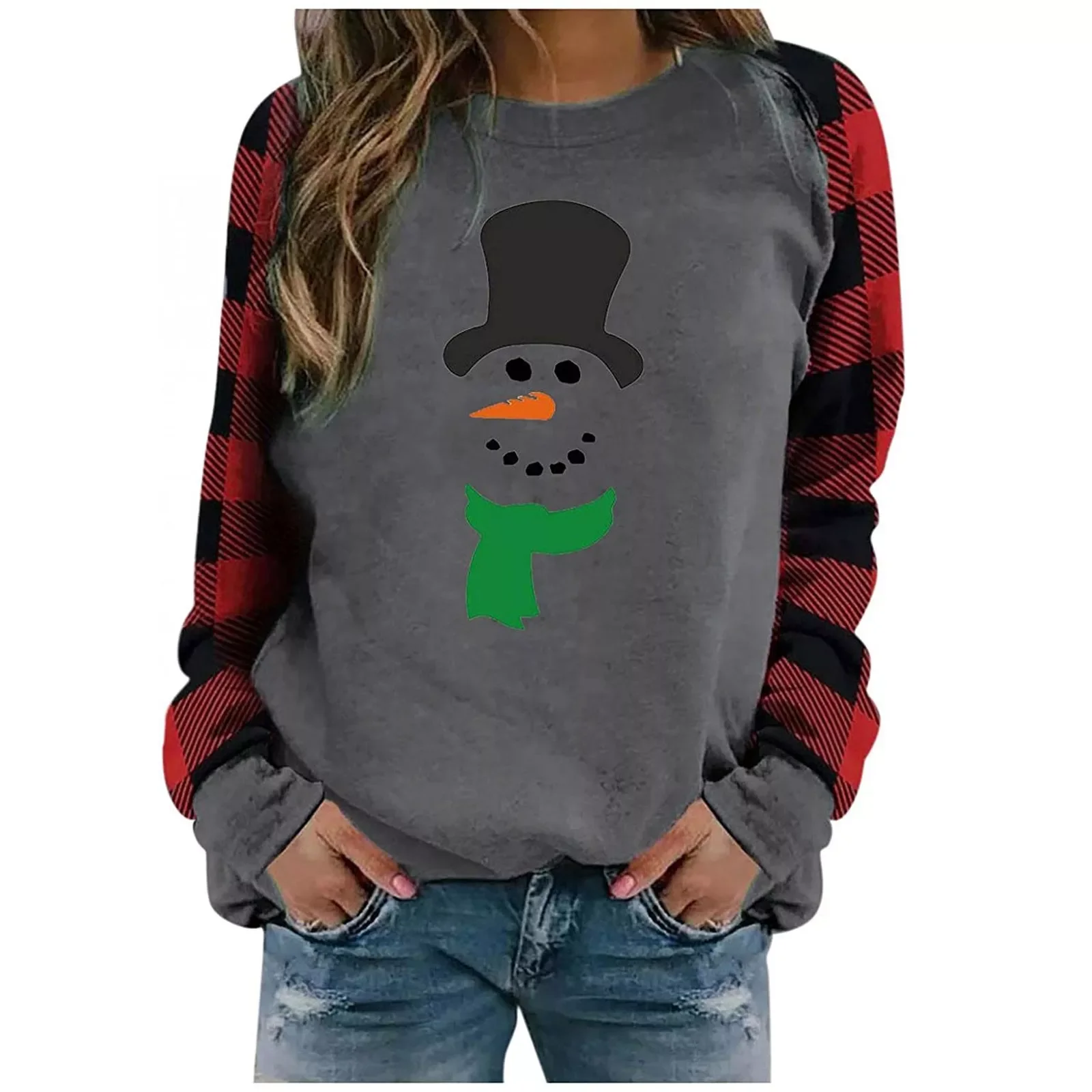 

Women Plaid Printing Harajuku Sweatshirts Christmas Fashion Splicing Casual Round Neck Long Sleeve Pullover Tops