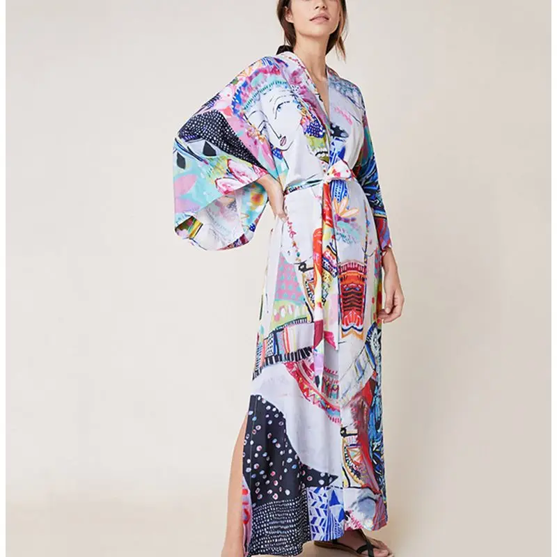 

TEELYNN Boho Polyester Pop Printed Kimono Cardigan Tunic Women Blouse Shirt Summer Beach Bikini Cover Up Sarong Vestidos 2022