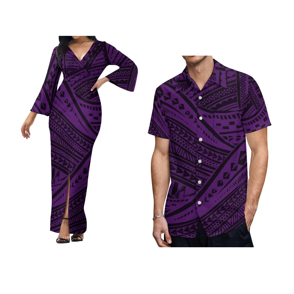 Pacific Islands Custom Clothing Couple Suit Polynesian Traditional Print Fashion Shirt Sexy V-Neck Tight Skirt Slit Design
