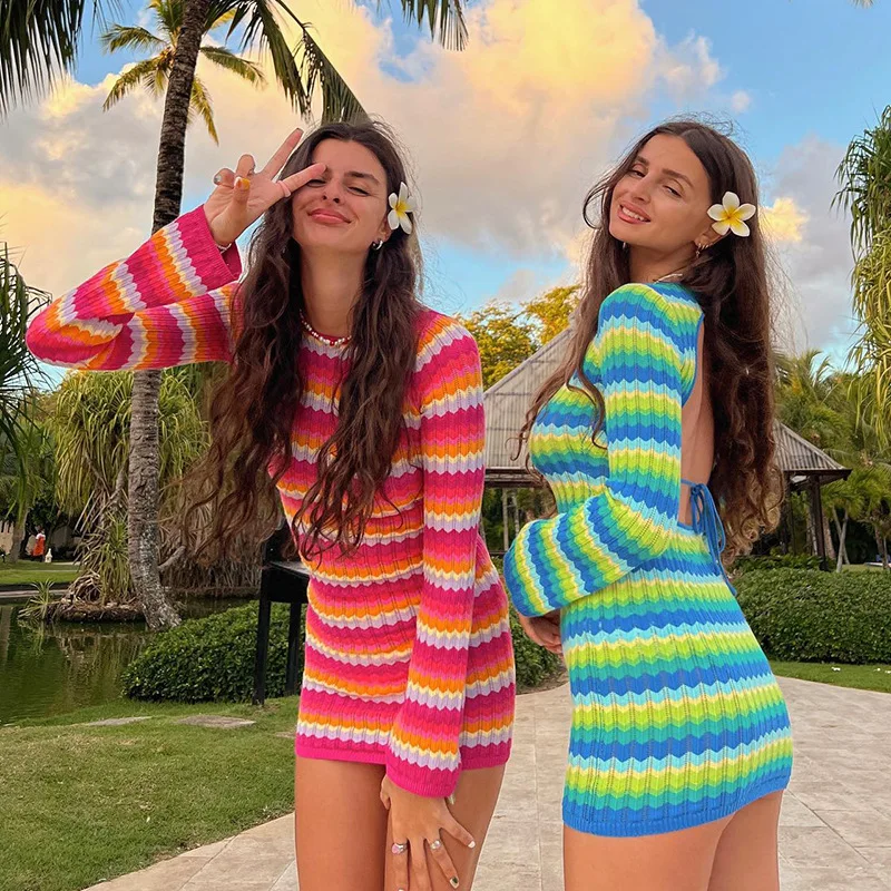 

Autumn And Winter Products In Europe And America New Leaky Back Lace Up Hollowed Out Candy Colored Long Sleeved Dress For Women