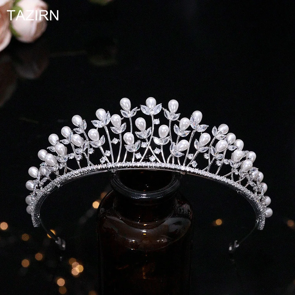 

Luxury 3A Cubic Zirconia Pearls Wedding Bridal Crowns Small CZ Princess Prom Tiaras Bride Handmade Headpiece Hair Jewelry Gifts