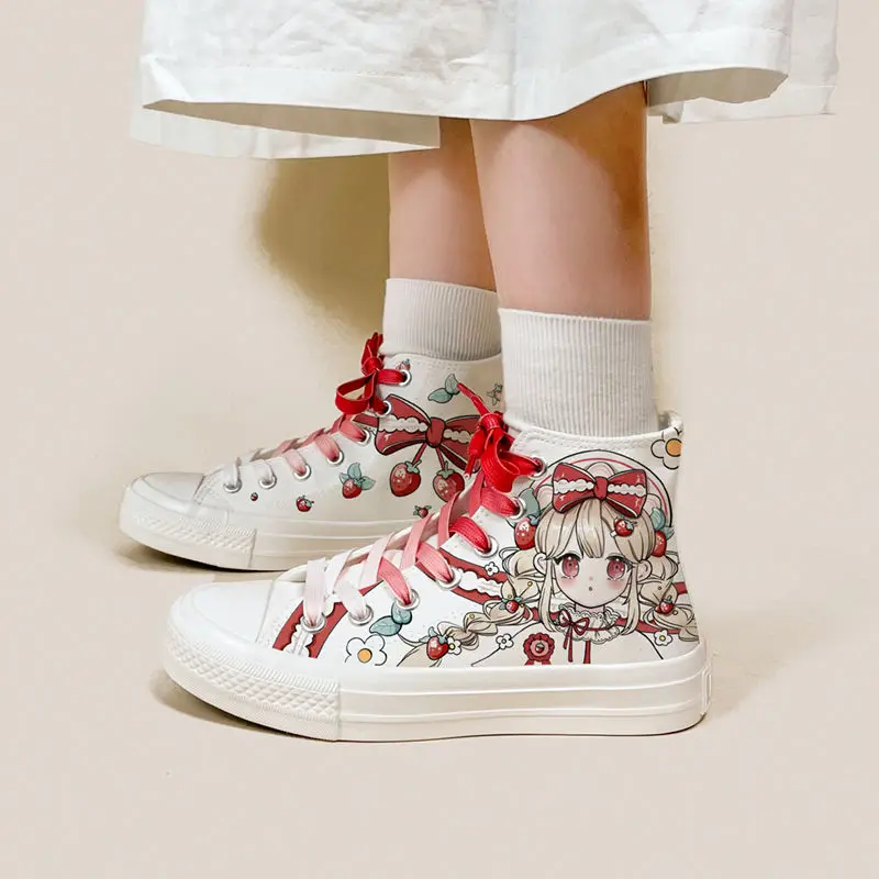 Cartoon Strawberry Girl Canvas Sneakers Women's Laced Up High Tops School Student Vulcanized Shoes Woman Printed Sneaker Tenis