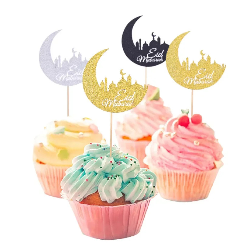 

20/10Pcs Eid Mubarak Cupcake Toppers Cake Decorations Paper Gold Mubarak Moon Cake Toppers Eid Ramadan Kareem Decor 17cm