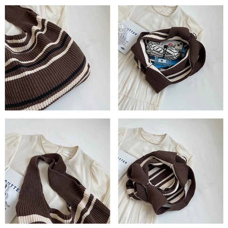 Striped Knitted Women's Bag Knit Eco Bag Korean Shopper Y2K Crochet Rope Shoulder Bag Female Knitting Handbag Student Hobos Book