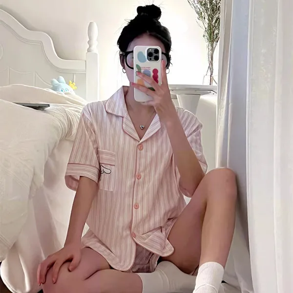 Japanese nightwear girl summer cute ins style cartoon dog short sleeve pure cotton two-piece sweet home clothes