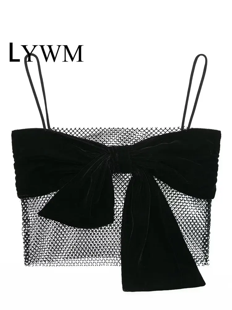 

LYWM Women Fashion With Sequined Mesh Bowed Cropped Camisole Vintage Thin Straps Square Collar Female Chic Lady Top