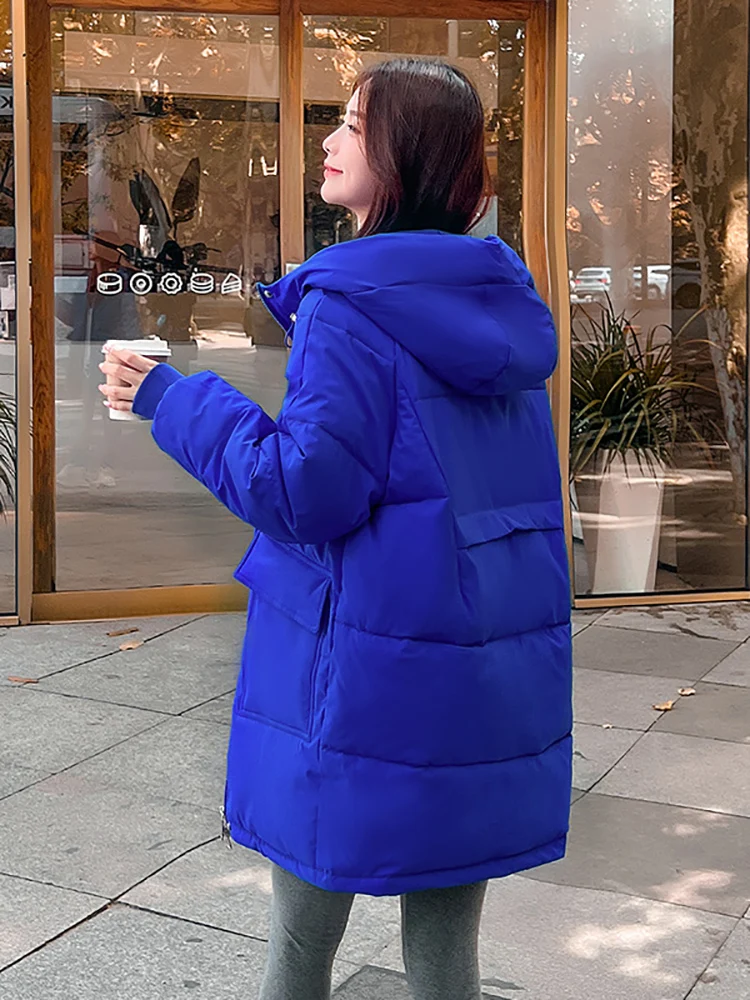 Autumn Winter Thicken Warm Medium Long Chic Parka Women Casual Sweety Solid Color Big Pocket Loose Hooded Coat Jackets Outwear