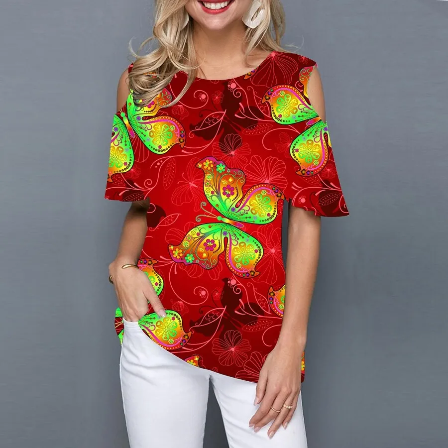 

Retro women's summer sexy off-the-shoulder short sleeve T-shirt 3D butterfly print pullover Harajuku casual trend women's top