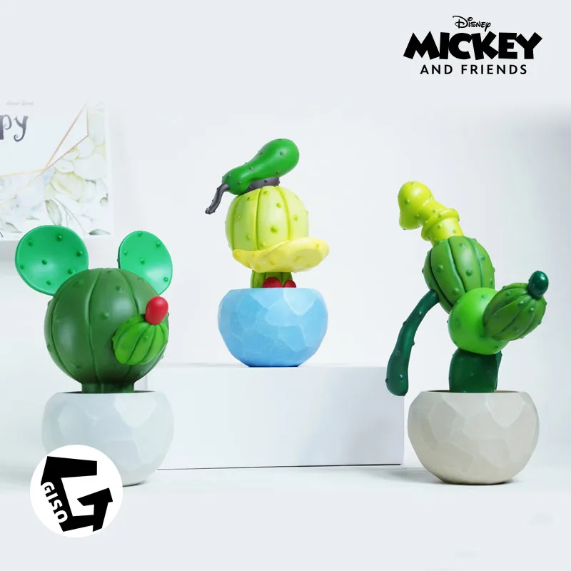 Genuine Disney Crazy Cactus Figure Fashion Mickey Donald Duck Goofy Head Figurines Collection Vinyl Model Doll Room Ornament Toy