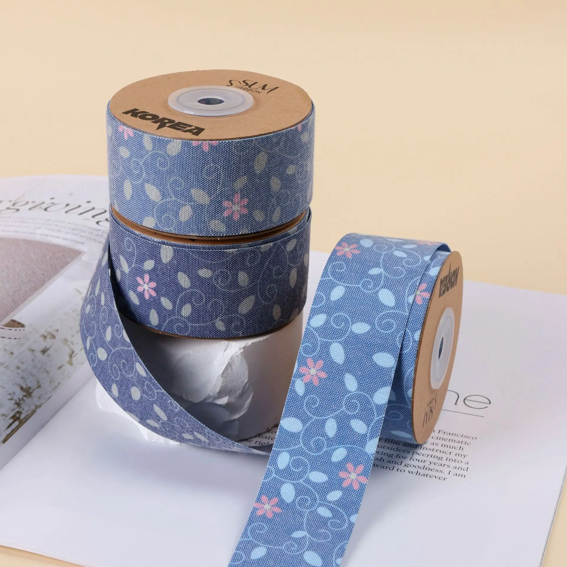 

10Yards 25MM 38mm Double Sided/vine flowe/Denim Webbing Ribbon Make Bowknots Kids Hair Accessories Material Handmade Carfts Gift