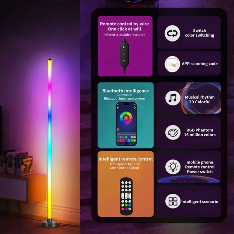 Фото Умный светодиодный торшер RGB с дистанционным и APP-управлением, синхронизация с музыкой, угловое освещение, таймер, современная лампа для создания атмосферы в гостиной и для гейминга №5