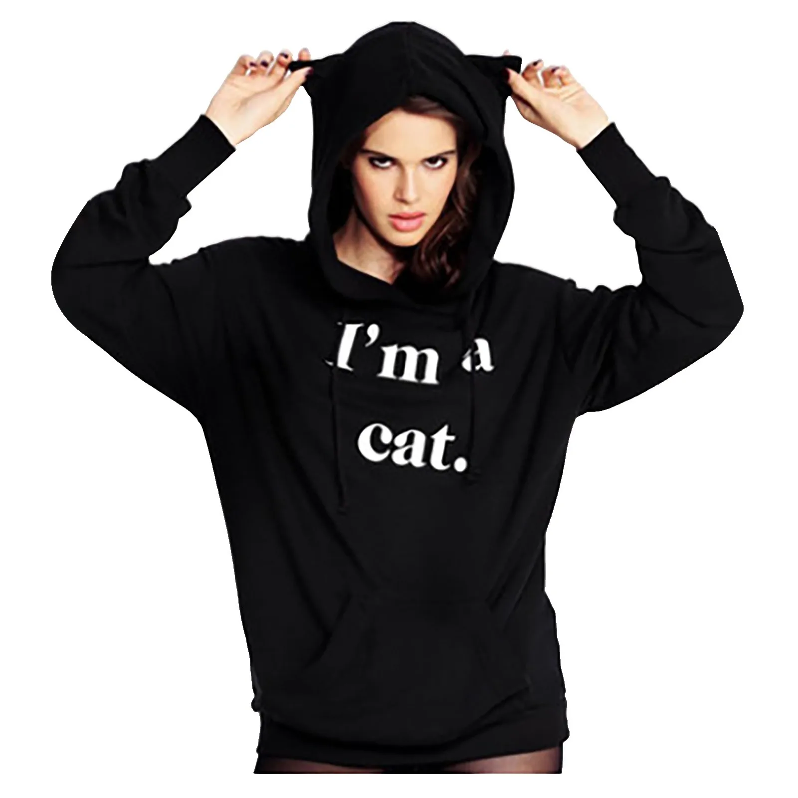 

I AM A CAT Printed Cat Ear Hoodies Women Hooded Sweatshirt Jumper Hoody Hoodies Tracksuit Outerwear Fashion Coat Women Tops