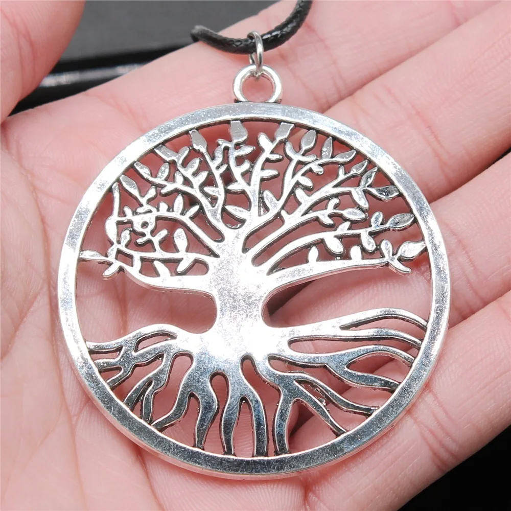 

Dropshipping Antique Silver Color 54x54mm Tree Of Life Pendant Faux Black Leather Rope Chain Necklace