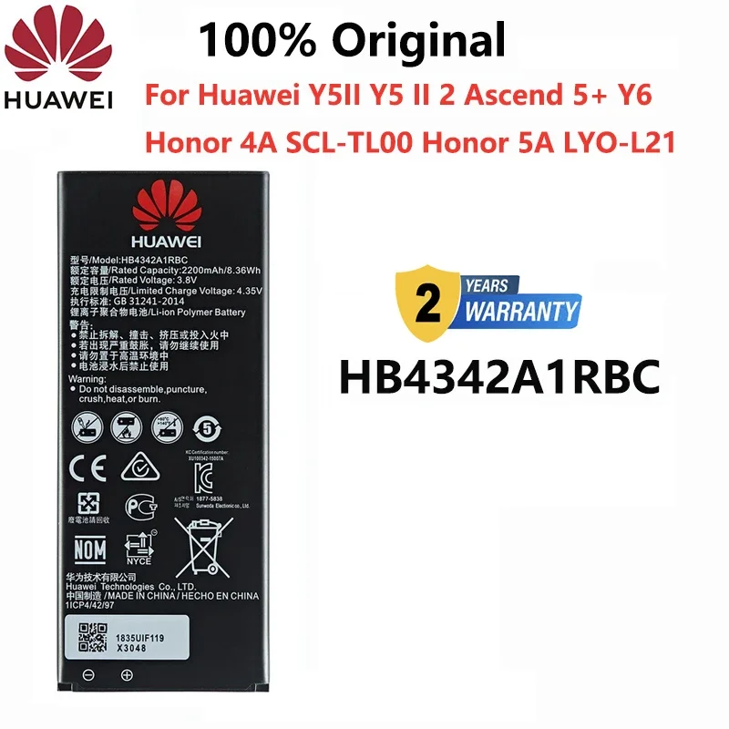 

Hua Wei Original Battery For Huawei Y5II Y5 II Ascend 5+ Y6 Honor 4A SCL-TL00 Honor 5A LYO-L21 HB4342A1RBC 2200mAh