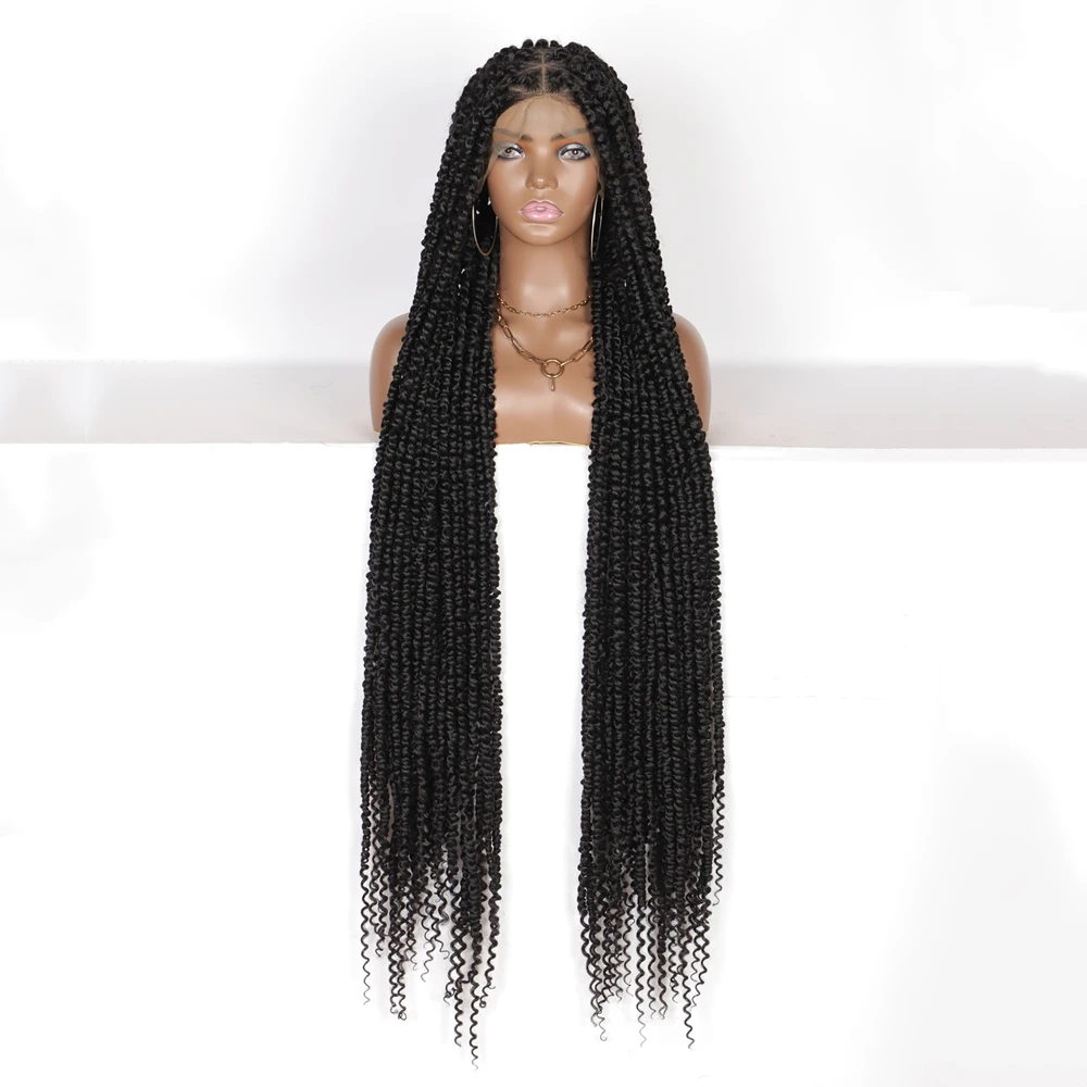 Brinbea 42 Inches Synthetic Lace Front Wigs Long Twist Braids Triangle Knotless Two Strands Twist Braided Wig for Black Women
