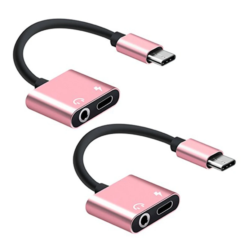 

2X 2 In1 Type-C To 3.5Mm Headphone Jack Adaptor/Connector Charger, Earphone Aux Audio & Charge Adaptor Rose Gold