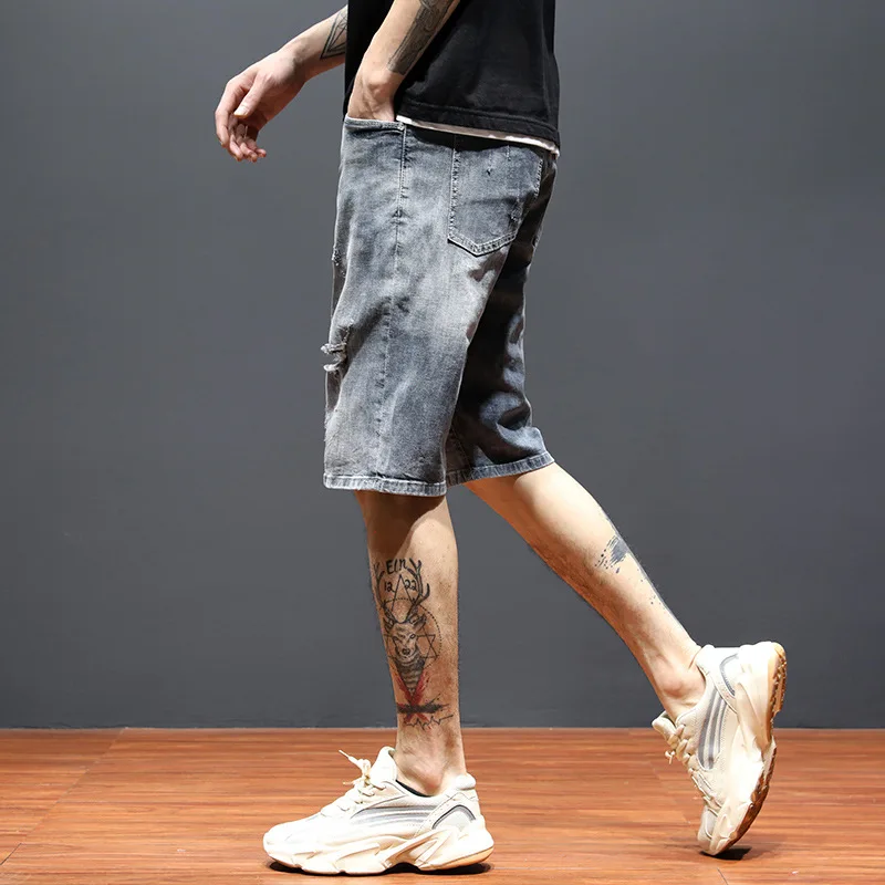 22ss Street Fashion Men's Denim Shorts Thin Men's Casual Five Points Straight Jeans Stretch Ripped Jeans