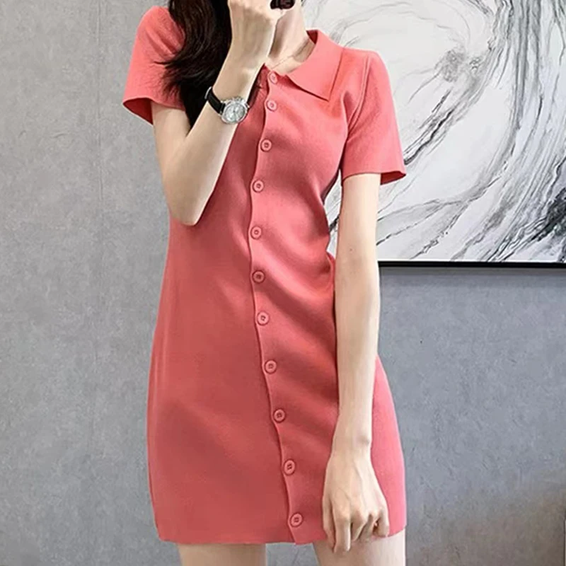 

Sweet Little Lapel Single-Row Button Women'S Summer New Short-Sleeved Beautiful Knitted Temperament Slim Pink Fashion Dress