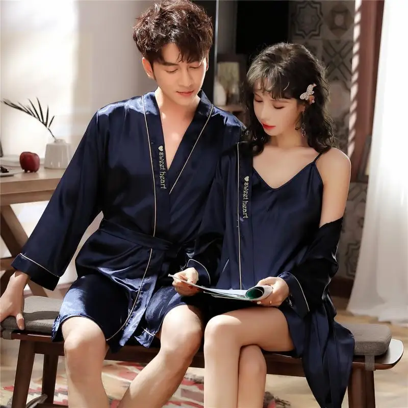 1 【Buy a send a set of】 the spring and autumn period and the couple robe silk pajamas women married silk red ice silk bathrobe