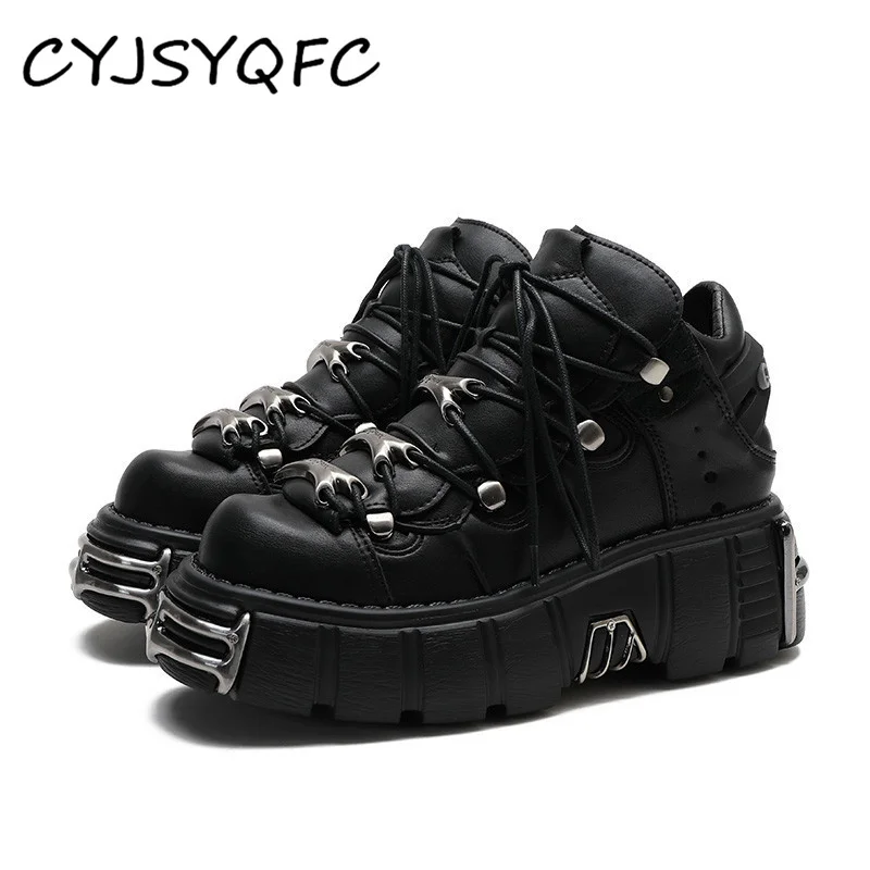 

Metal Decor Platform Women Sneakers Punk Goth Style Round Toe Lace Up Creepers Lady Boots Chunky Heels Motorcycle Boots