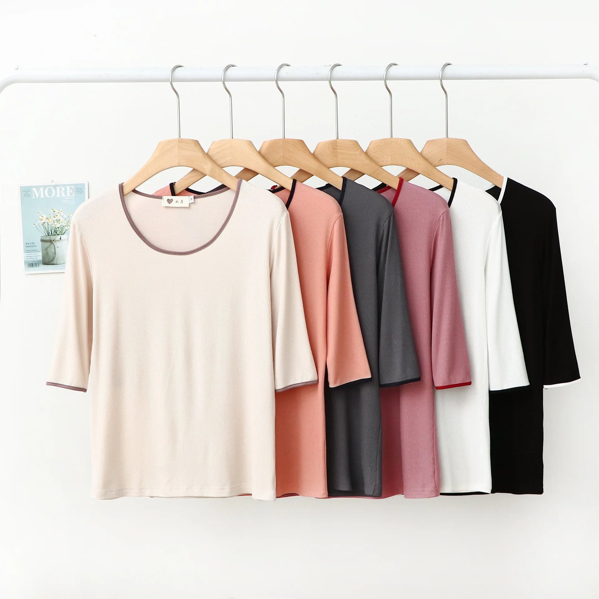 

Summer Bottoming Shirt Cotton Pajamas Women Home Half-sleeved Thin Threaded Leisure Fashion Five-point Sleeves Elastic Sleep Top