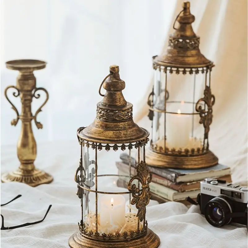 Европейский 3 Фитиль Металлический Подсвечник Стеклянный винтажный фонарь