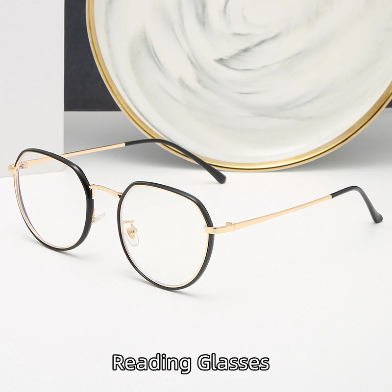 

Fashion Classics Brand Design Retro Metal Round Large Women Frame Photochromic Anti Blue Ray Prescription Femal Reading Glasses