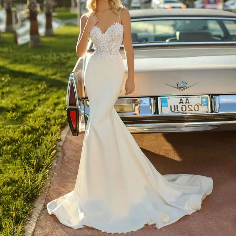 

2023 Sexy White Mermaid Wedding Dress Spaghetti Strap Sweetheart Lace Appliques Satin Wedding Long Gown vestido de novia encaje