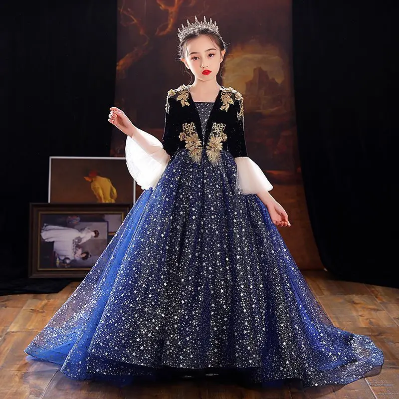 Shiny Stars Kid Evening Dress Children Navy Blue Girl Prom Gowns Puffy Elegant Appliques Wedding Party Cocktail Dresses