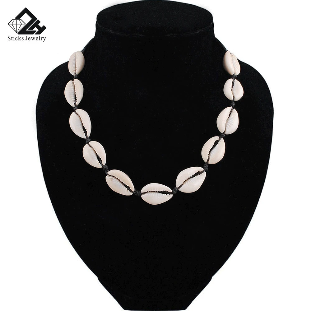 

Women Bohemia Shell String Necklaces Chain Beach Pendant (Black Rope)